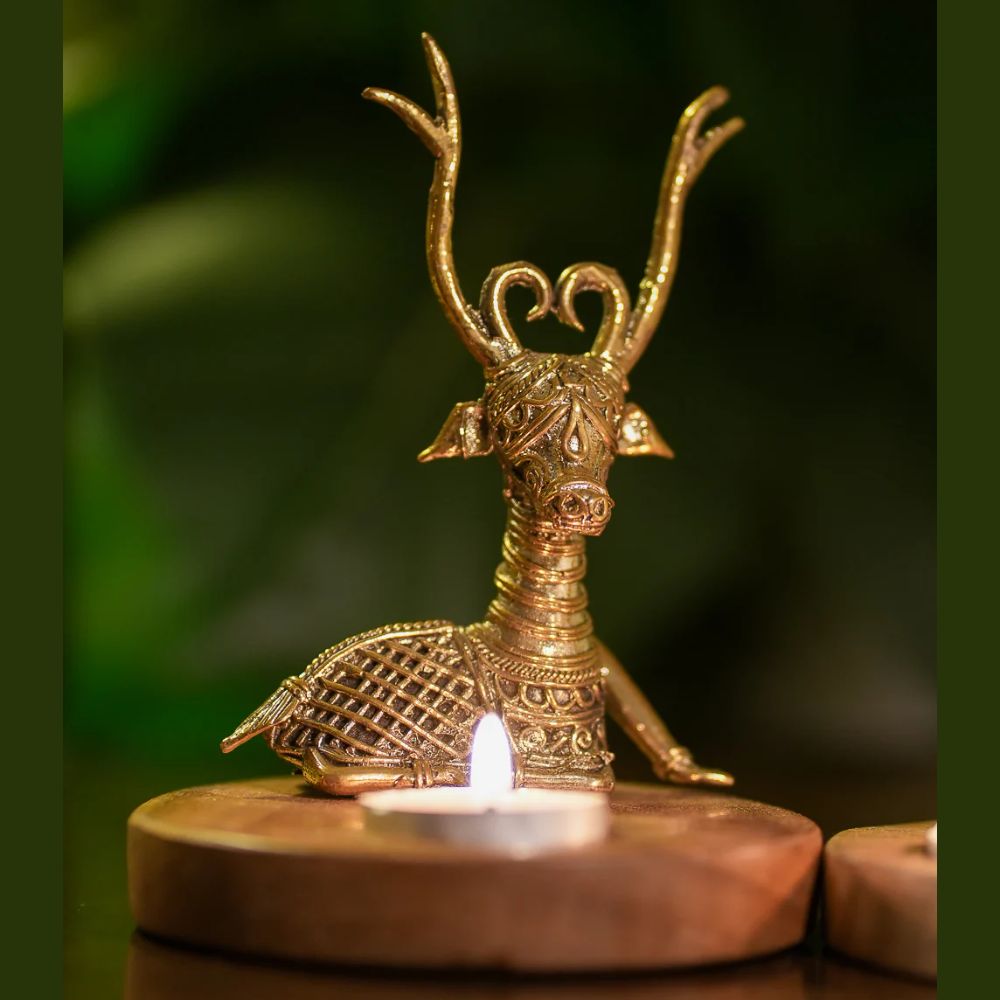 Wood & Dhokra Craft Tealight Holders (Set of 2) – The Deer – Kala